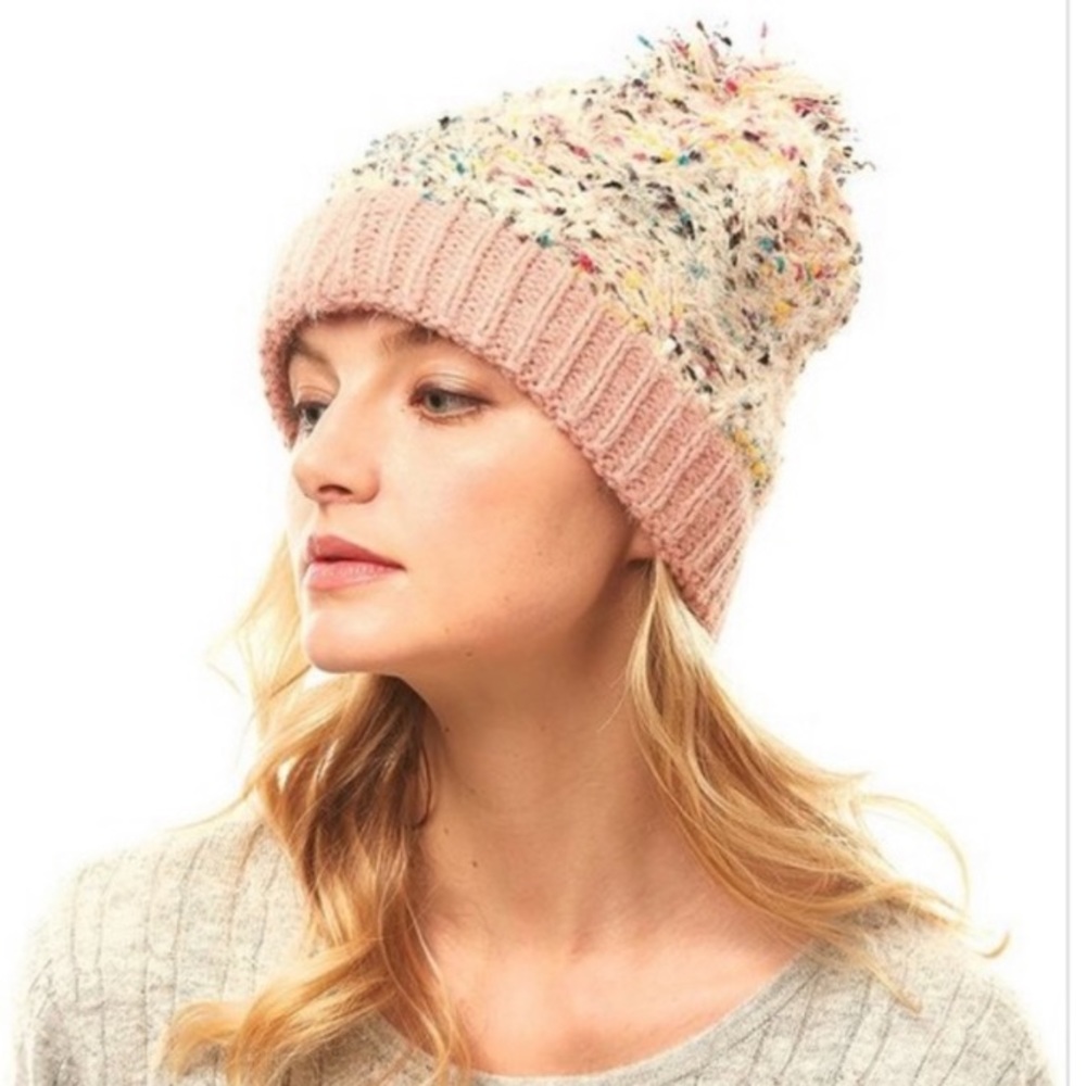 Confetti Beanie | Hat with Pom Pom | White | Pink | Multi-color